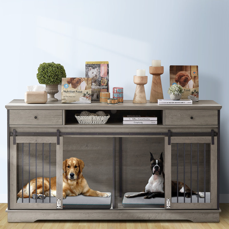 Dog Crate Furniture Large Breed Tv Stand With 2 Drawers End Table 60.1 w 23.6 d 36 h Gray